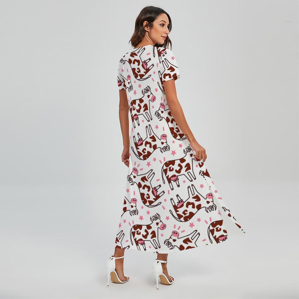 Cartoon Happy Dairy Cow Pattern Print Short Sleeve Maxi Dress