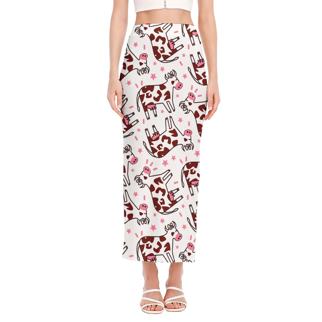 Cartoon Happy Dairy Cow Pattern Print Side Slit Maxi Skirt