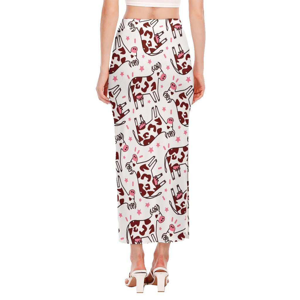 Cartoon Happy Dairy Cow Pattern Print Side Slit Maxi Skirt
