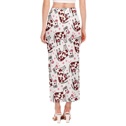 Cartoon Happy Dairy Cow Pattern Print Side Slit Maxi Skirt