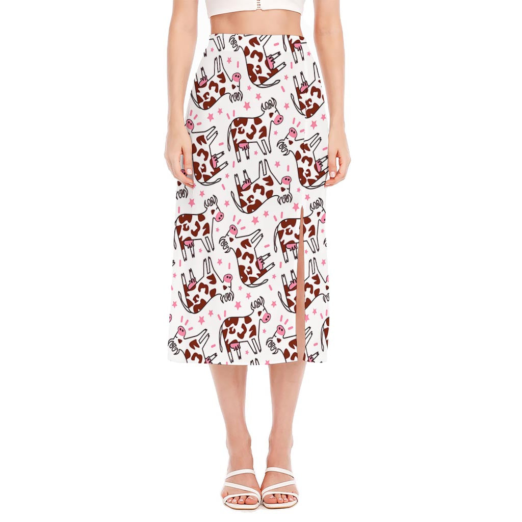 Cartoon Happy Dairy Cow Pattern Print Side Slit Midi Skirt