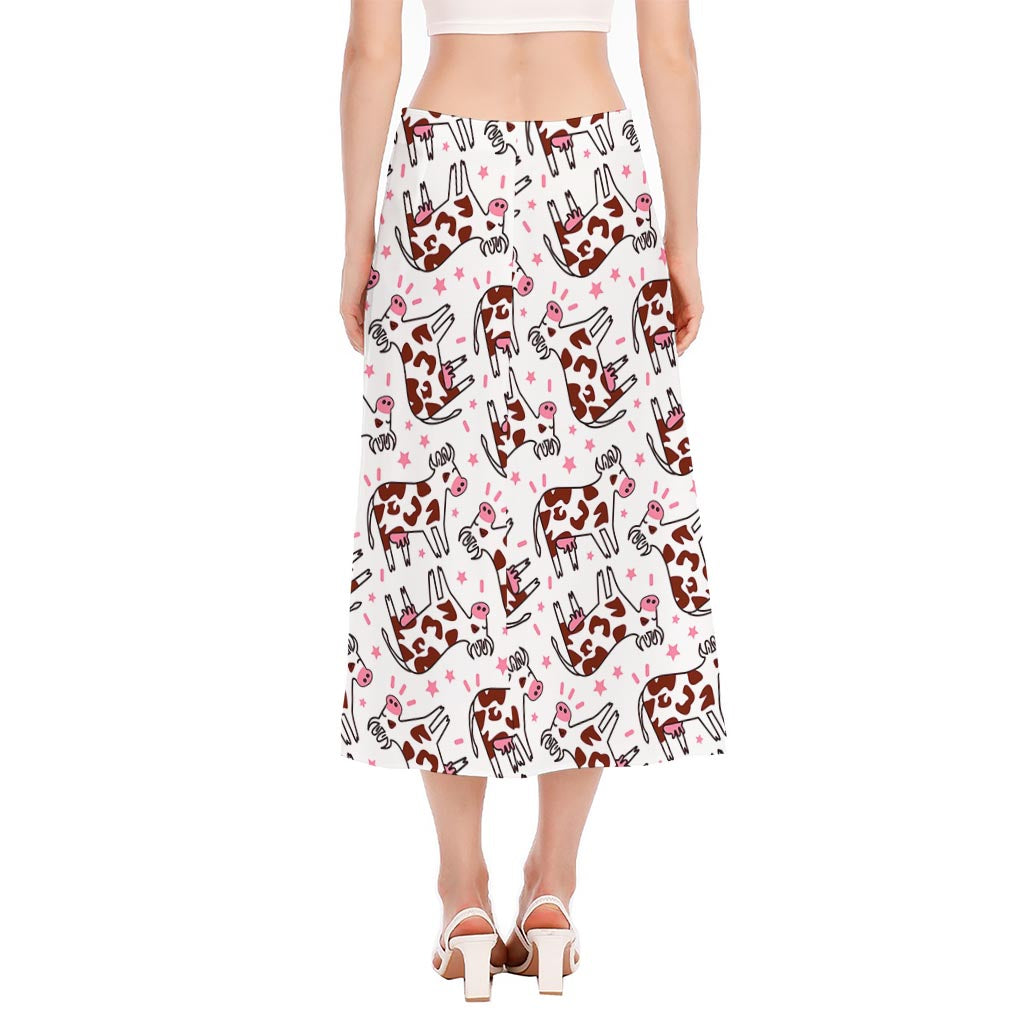 Cartoon Happy Dairy Cow Pattern Print Side Slit Midi Skirt