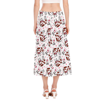 Cartoon Happy Dairy Cow Pattern Print Side Slit Midi Skirt