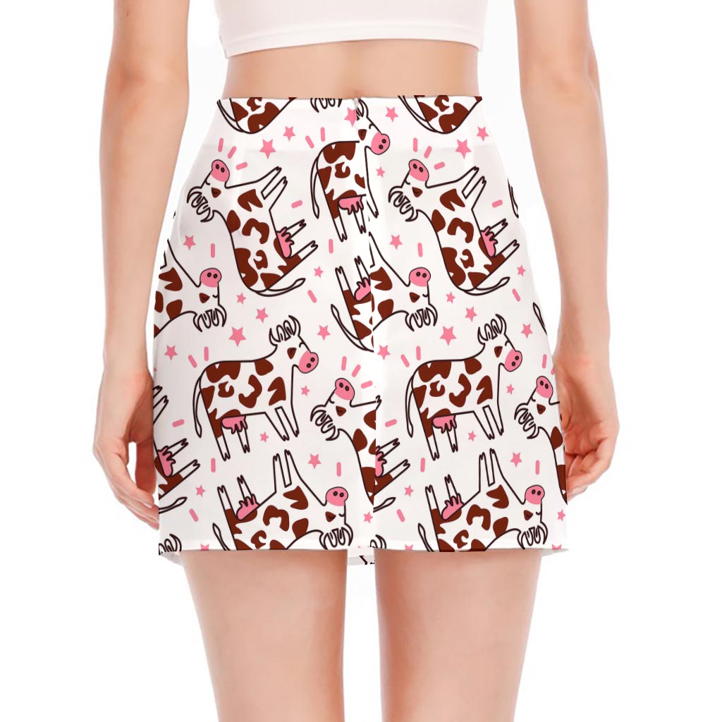 Cartoon Happy Dairy Cow Pattern Print Side Slit Mini Skirt