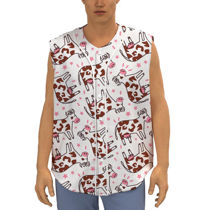 Cartoon Happy Dairy Cow Pattern Print Sleeveless Baseball Jersey