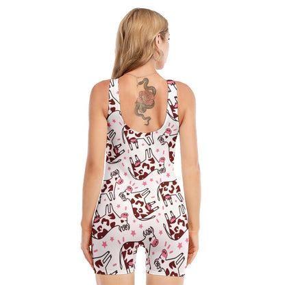 Cartoon Happy Dairy Cow Pattern Print Sleeveless One Piece Swimsuit