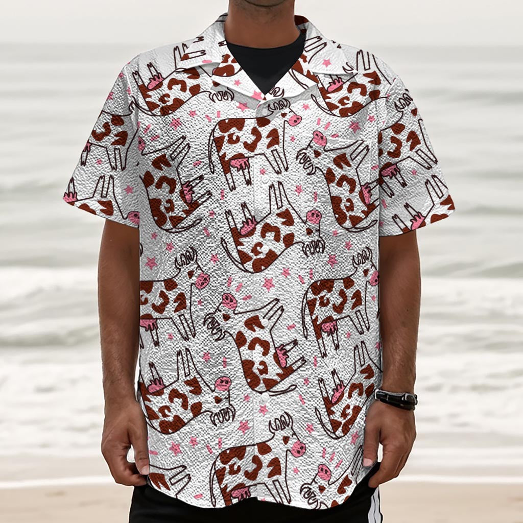 Cartoon Happy Dairy Cow Pattern Print Textured Short Sleeve Shirt