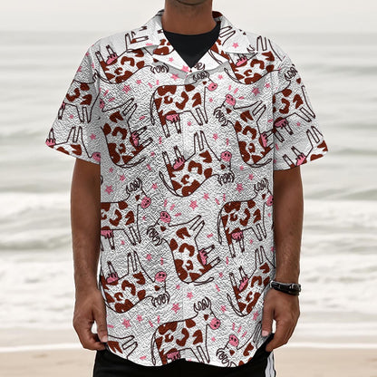 Cartoon Happy Dairy Cow Pattern Print Textured Short Sleeve Shirt