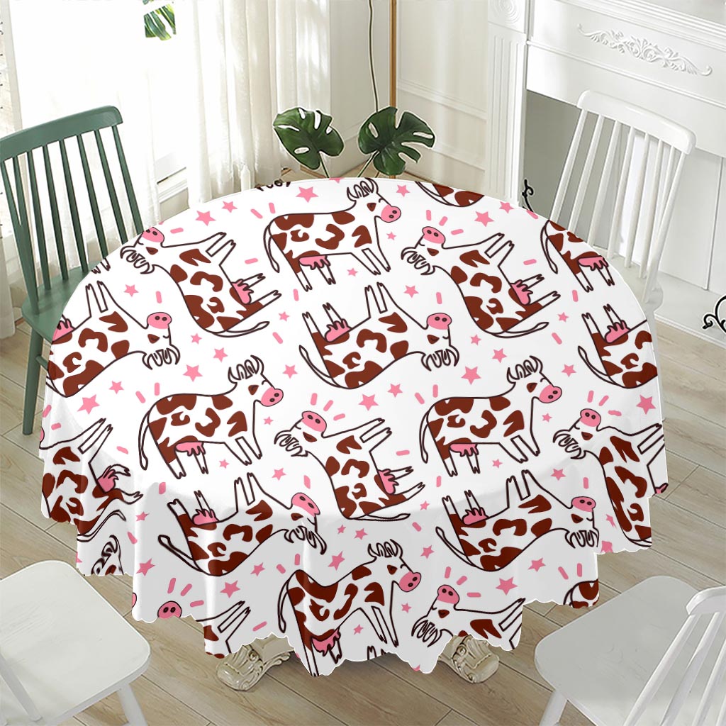 Cartoon Happy Dairy Cow Pattern Print Waterproof Round Tablecloth