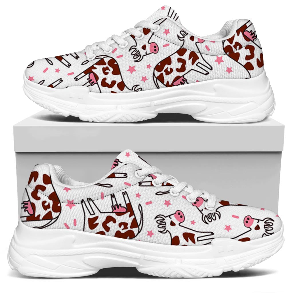 Cartoon Happy Dairy Cow Pattern Print White Chunky Shoes
