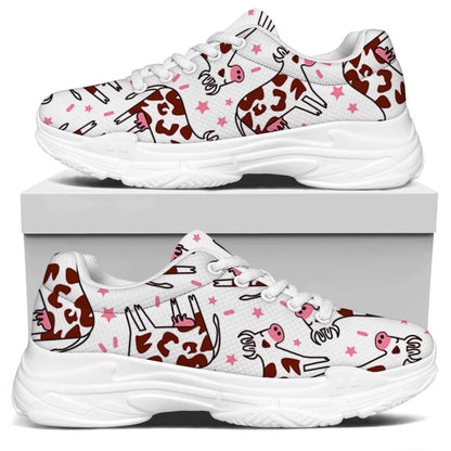 Cartoon Happy Dairy Cow Pattern Print White Chunky Shoes