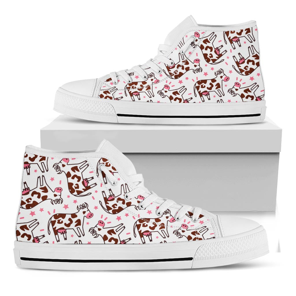 Cartoon Happy Dairy Cow Pattern Print White High Top Sneakers