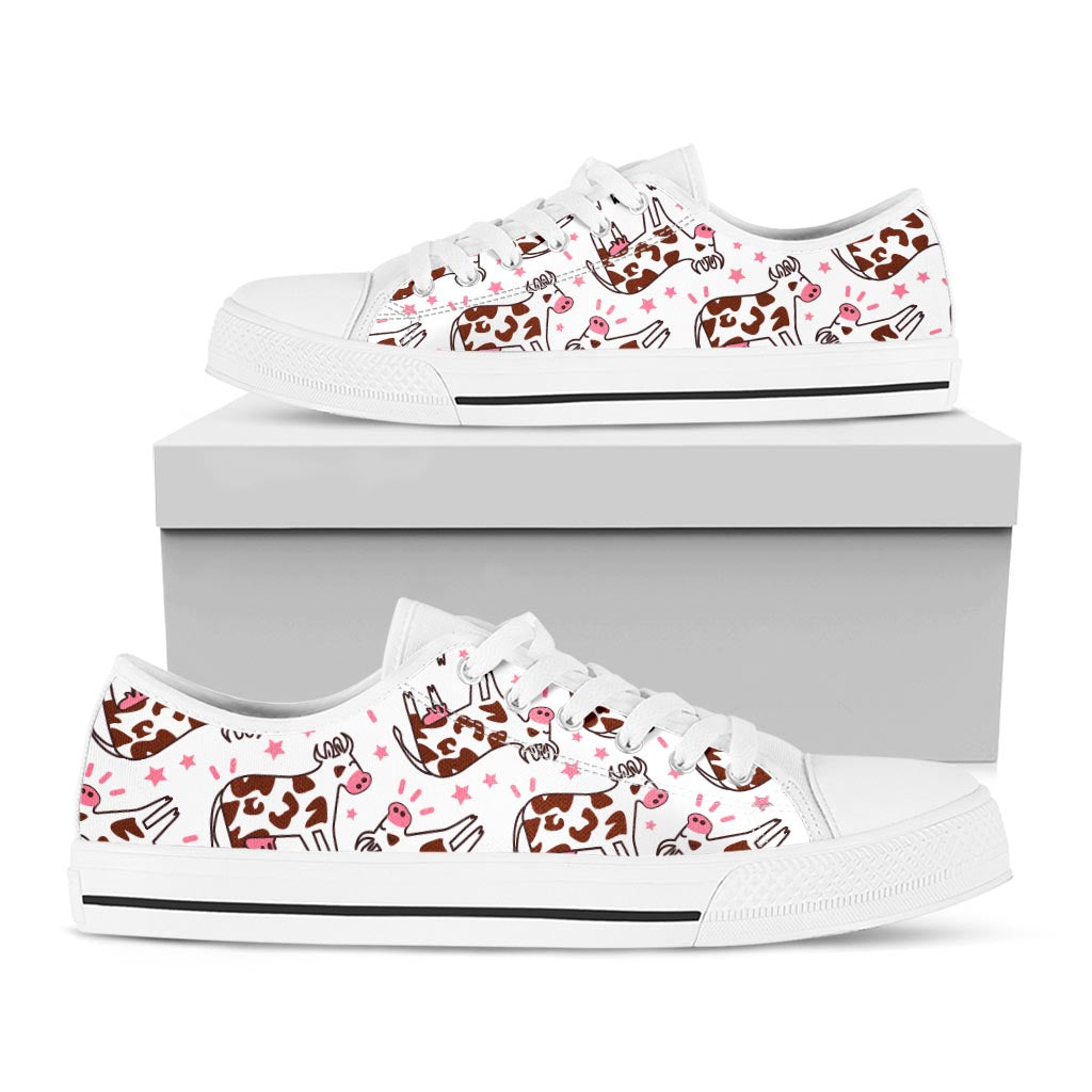 Cartoon Happy Dairy Cow Pattern Print White Low Top Sneakers