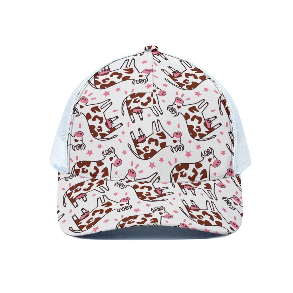 Cartoon Happy Dairy Cow Pattern Print White Mesh Trucker Cap