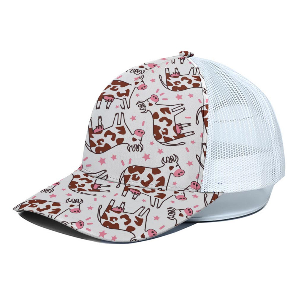 Cartoon Happy Dairy Cow Pattern Print White Mesh Trucker Cap