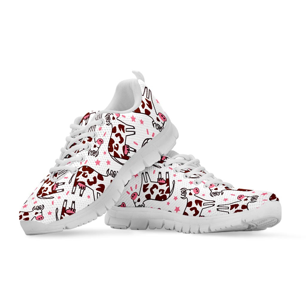 Cartoon Happy Dairy Cow Pattern Print White Running Shoes