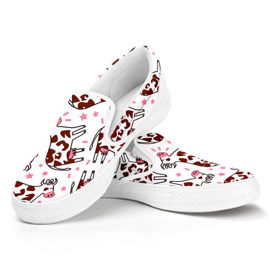 Cartoon Happy Dairy Cow Pattern Print White Slip On Sneakers