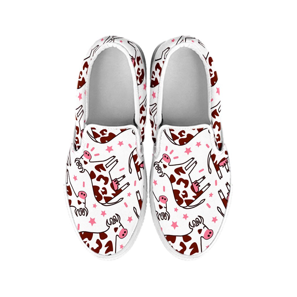 Cartoon Happy Dairy Cow Pattern Print White Slip On Sneakers