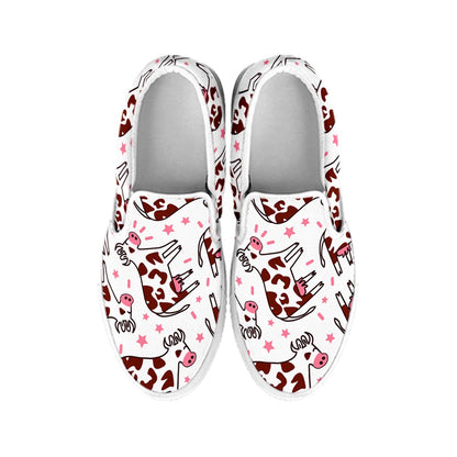 Cartoon Happy Dairy Cow Pattern Print White Slip On Sneakers