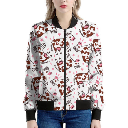 Cartoon Happy Dairy Cow Pattern Print Women's Bomber Jacket