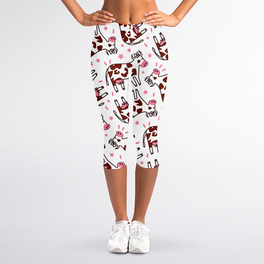 Cartoon Happy Dairy Cow Pattern Print Women's Capri Leggings