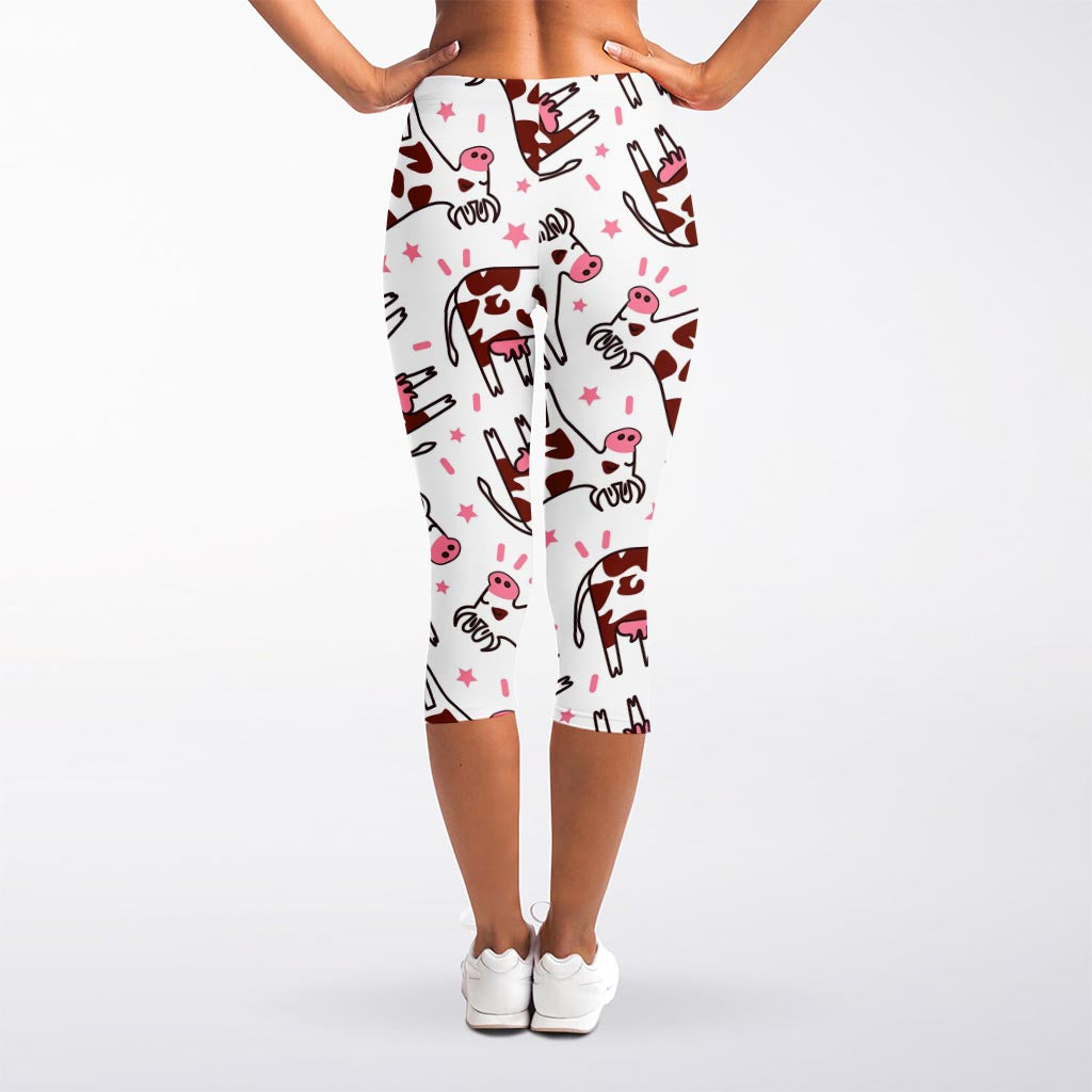 Cartoon Happy Dairy Cow Pattern Print Women's Capri Leggings