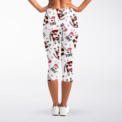 Cartoon Happy Dairy Cow Pattern Print Women's Capri Leggings