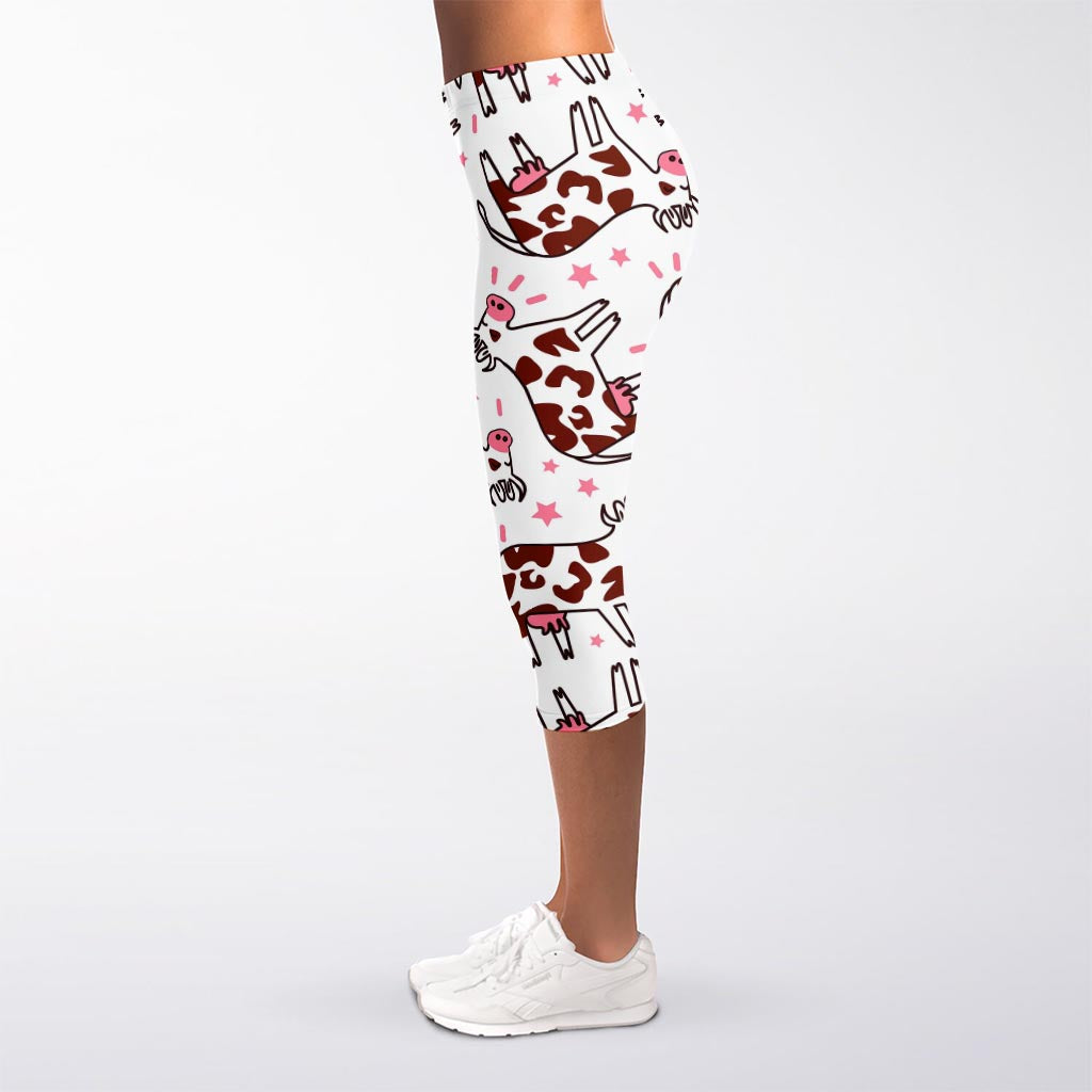 Cartoon Happy Dairy Cow Pattern Print Women's Capri Leggings