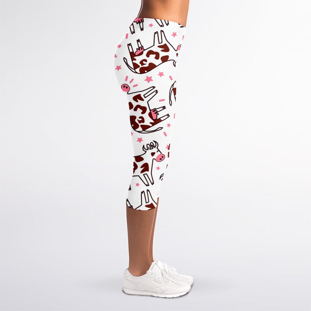 Cartoon Happy Dairy Cow Pattern Print Women's Capri Leggings