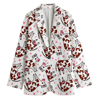Cartoon Happy Dairy Cow Pattern Print Women's Cotton Blazer