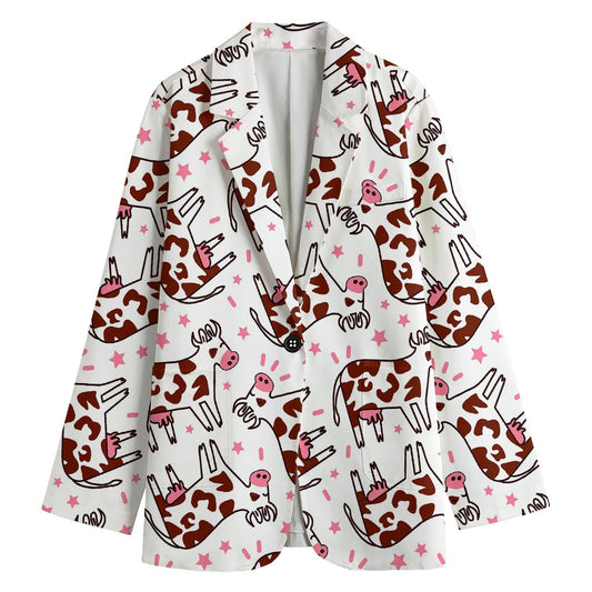 Cartoon Happy Dairy Cow Pattern Print Women's Cotton Blazer