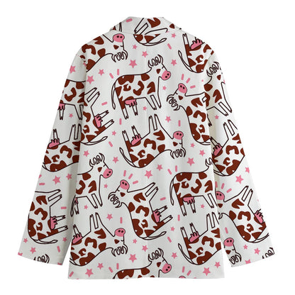 Cartoon Happy Dairy Cow Pattern Print Women's Cotton Blazer
