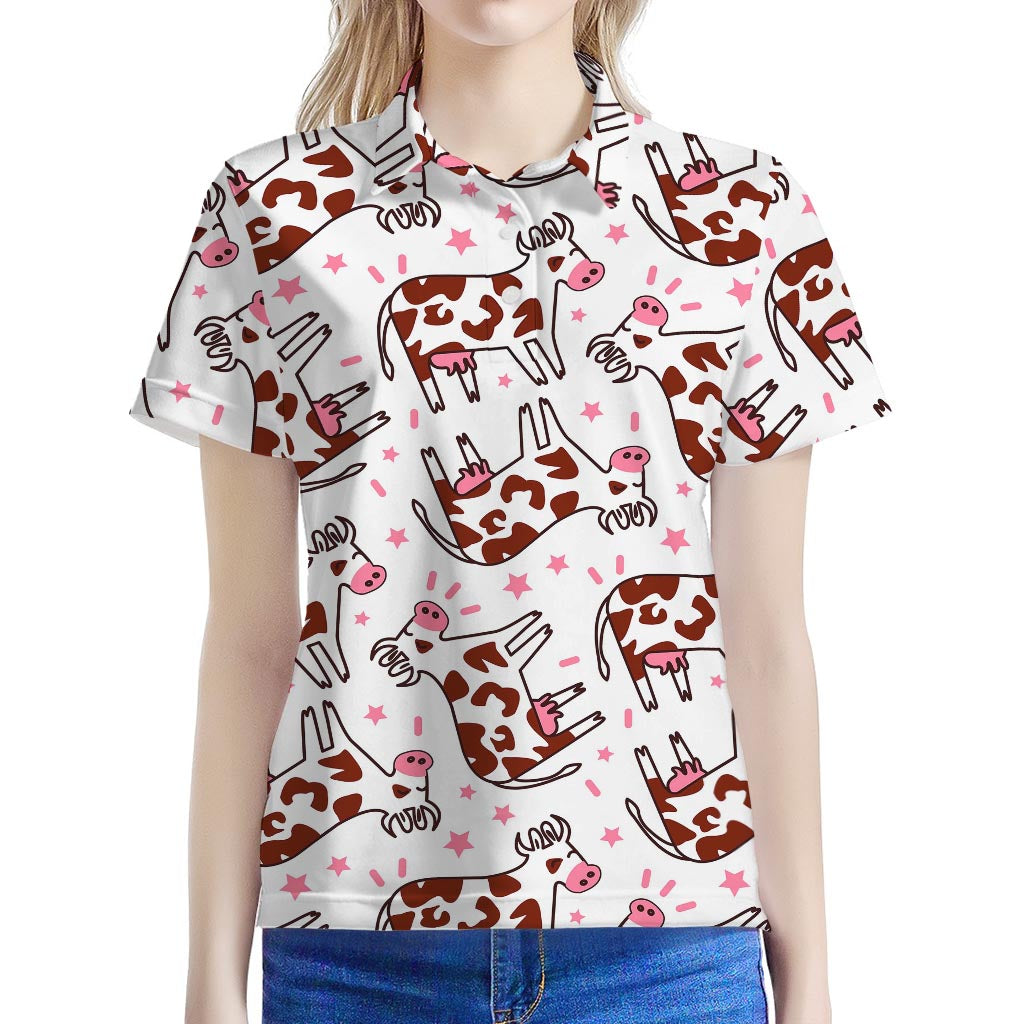 Cartoon Happy Dairy Cow Pattern Print Women's Polo Shirt