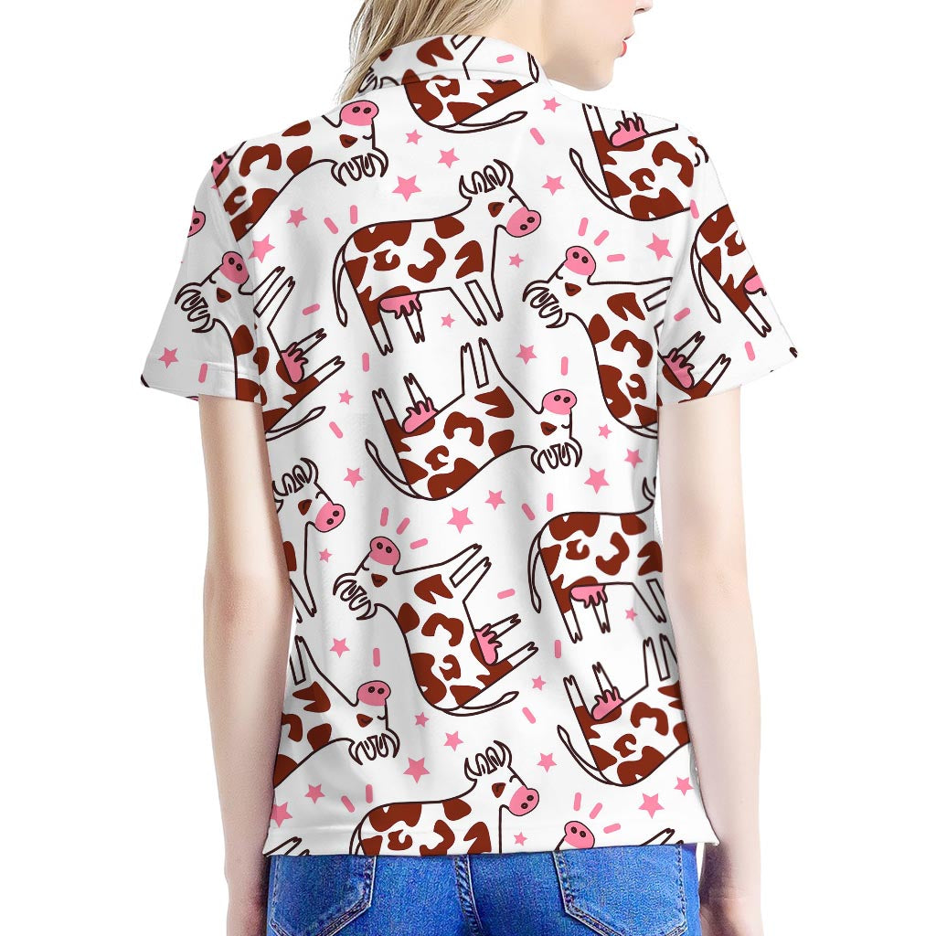 Cartoon Happy Dairy Cow Pattern Print Women's Polo Shirt