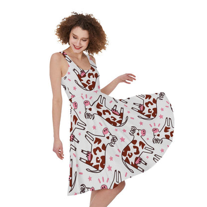 Cartoon Happy Dairy Cow Pattern Print Women's Sleeveless Dress