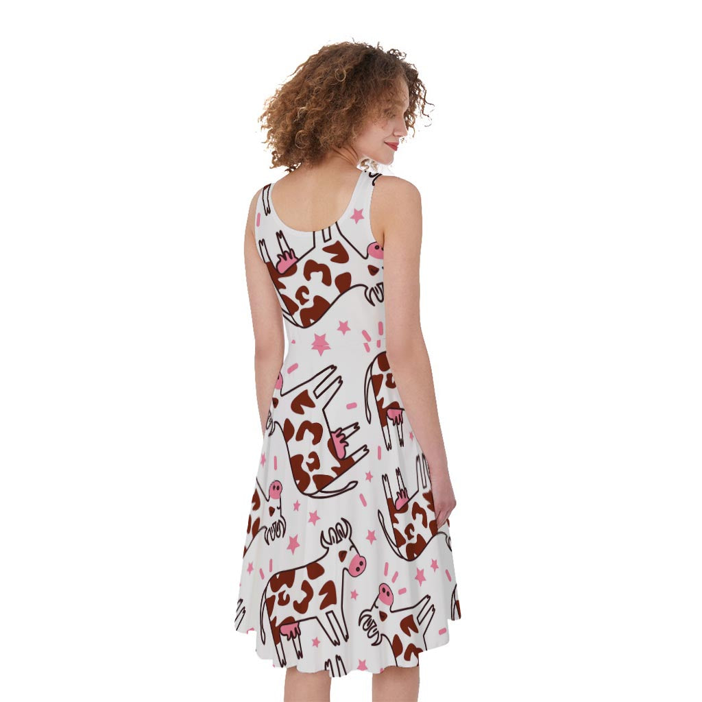 Cartoon Happy Dairy Cow Pattern Print Women's Sleeveless Dress