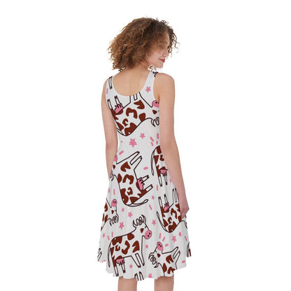 Cartoon Happy Dairy Cow Pattern Print Women's Sleeveless Dress