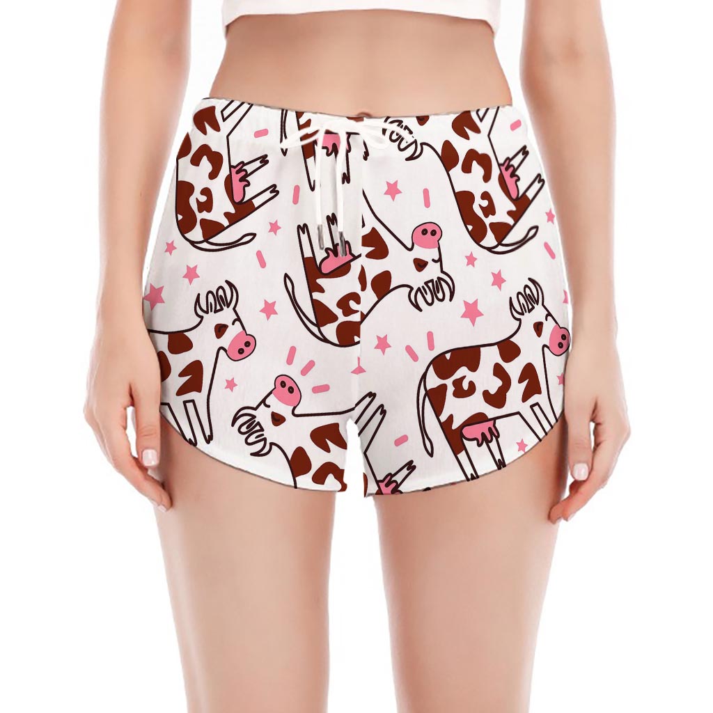 Cartoon Happy Dairy Cow Pattern Print Women's Split Running Shorts