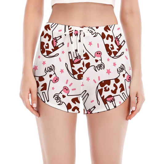Cartoon Happy Dairy Cow Pattern Print Women's Split Running Shorts