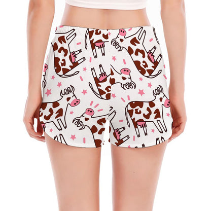 Cartoon Happy Dairy Cow Pattern Print Women's Split Running Shorts