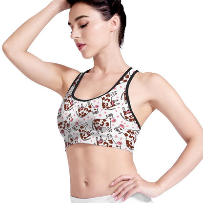 Cartoon Happy Dairy Cow Pattern Print Women's Sports Bra