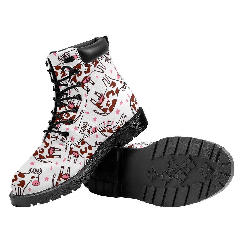 Cartoon Happy Dairy Cow Pattern Print Work Boots
