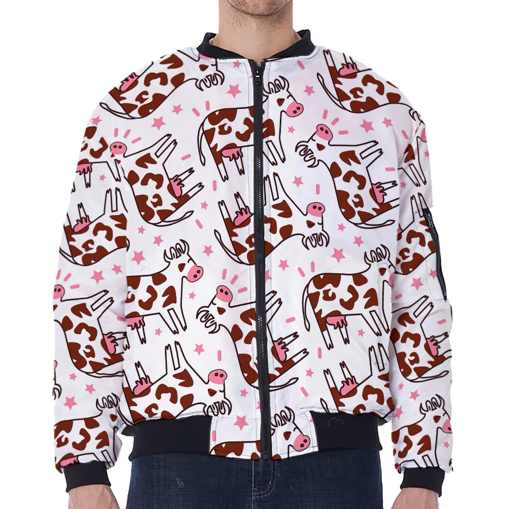 Cartoon Happy Dairy Cow Pattern Print Zip Sleeve Bomber Jacket