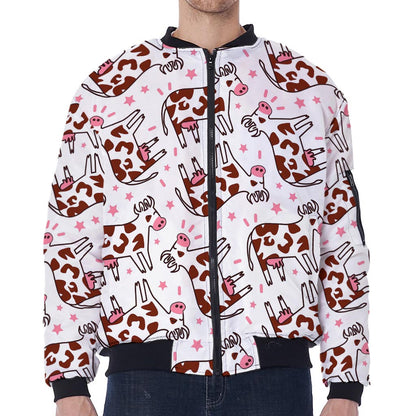 Cartoon Happy Dairy Cow Pattern Print Zip Sleeve Bomber Jacket