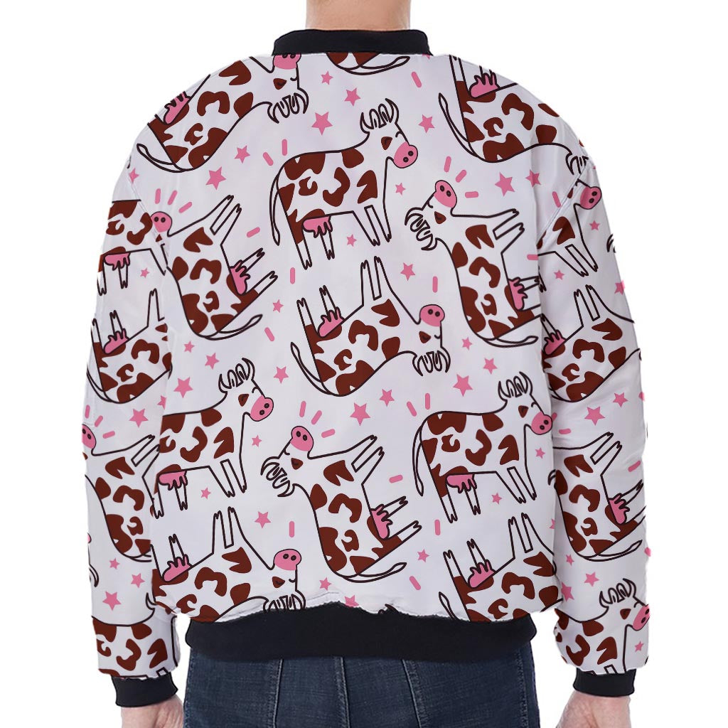 Cartoon Happy Dairy Cow Pattern Print Zip Sleeve Bomber Jacket