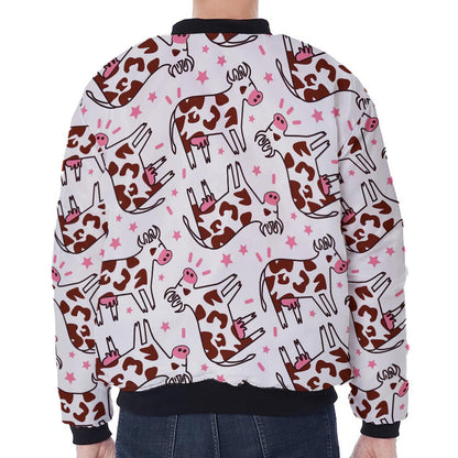 Cartoon Happy Dairy Cow Pattern Print Zip Sleeve Bomber Jacket