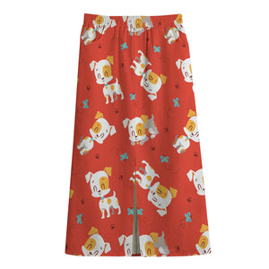 Cartoon Jack Russell Terrier Print Cotton Front Slit Maxi Skirt