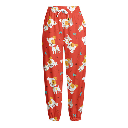 Cartoon Jack Russell Terrier Print Fleece Lined Knit Pants