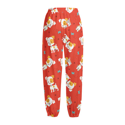 Cartoon Jack Russell Terrier Print Fleece Lined Knit Pants