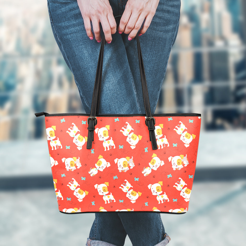 Cartoon Jack Russell Terrier Print Leather Tote Bag